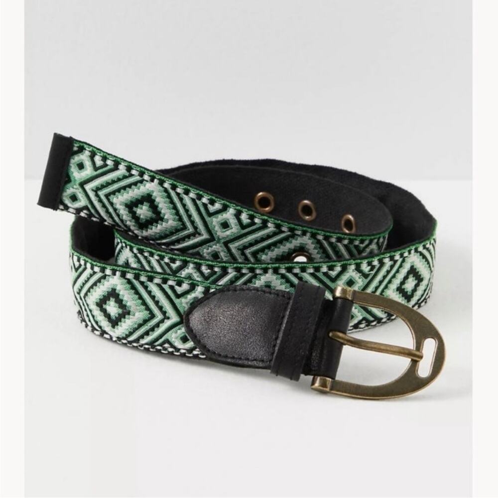 Free People Moving To Mars Cotton Leather Aztec Print Belt Green Size S/M